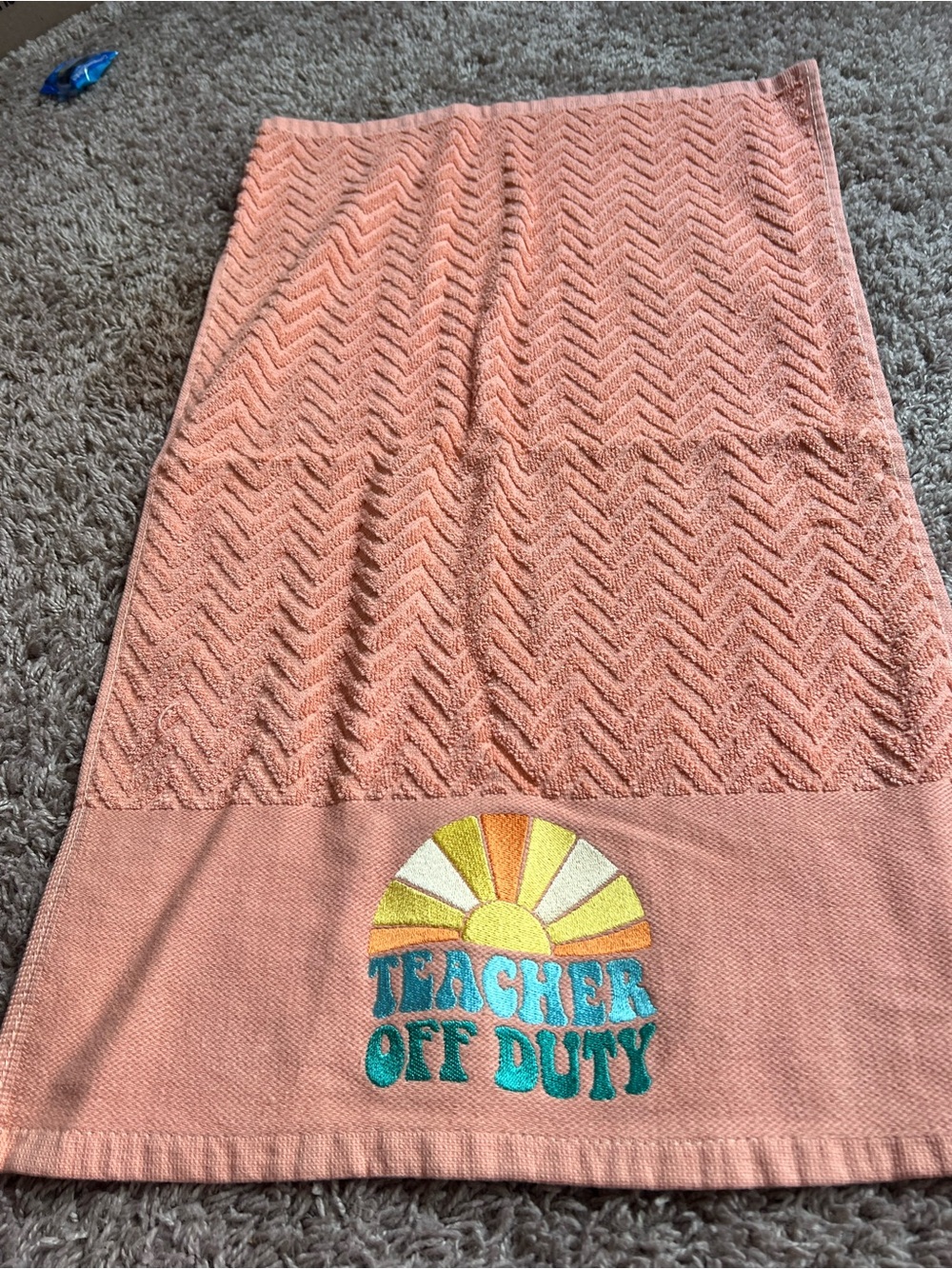 Teacher Off Duty Coral Embroidered Towel